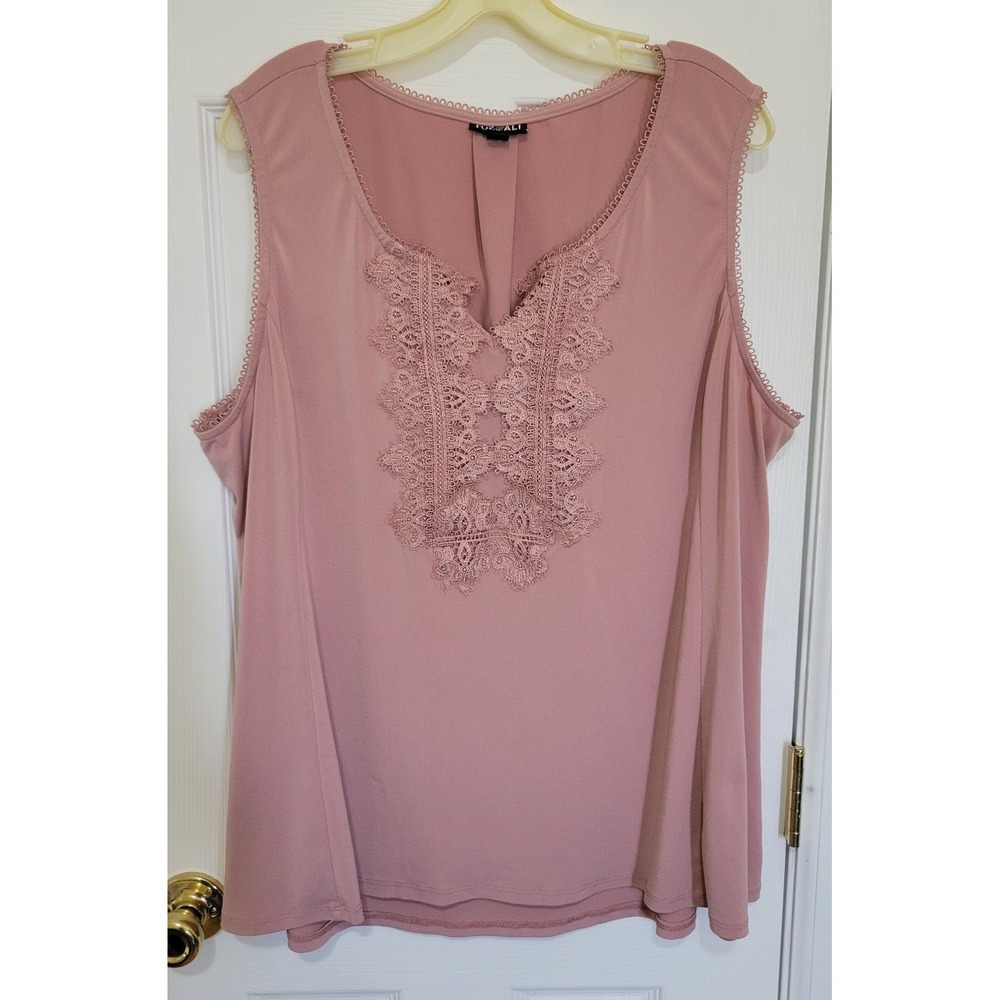 Roz & Ali Womens 3X Pink Sleeveless Lace Bib Blouse V-Neck Pleated Back Top